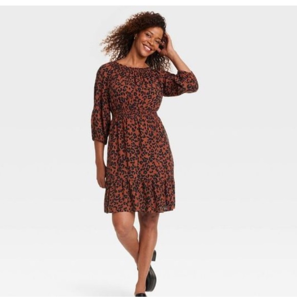 Women's Dress 3/4 Sleeve - Knox Rose Dark Brown Leopard Print - Picture 1 of 4